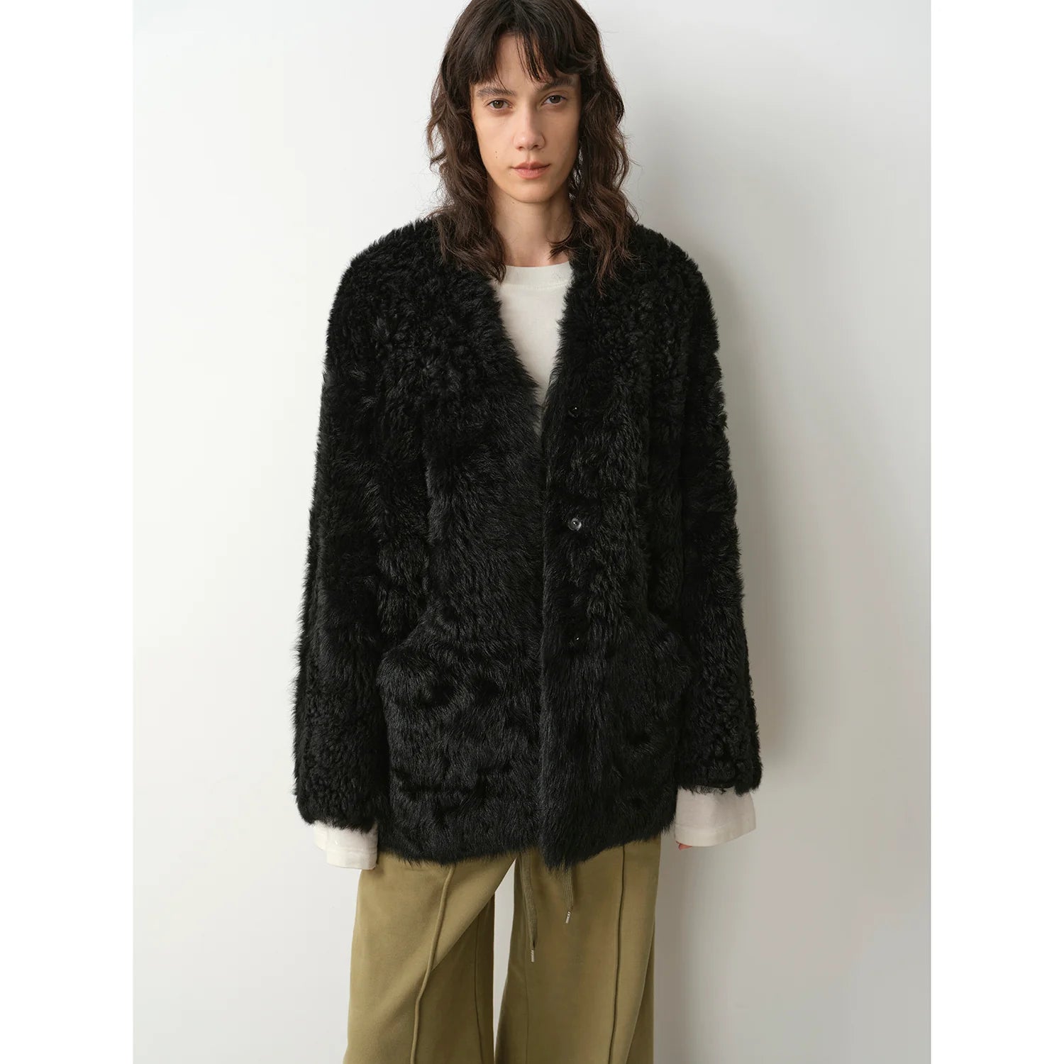 "Castle Dusk" V-Neck Italian Imported Tuscan Curly Wool Sheepskin Fur Coat Winter