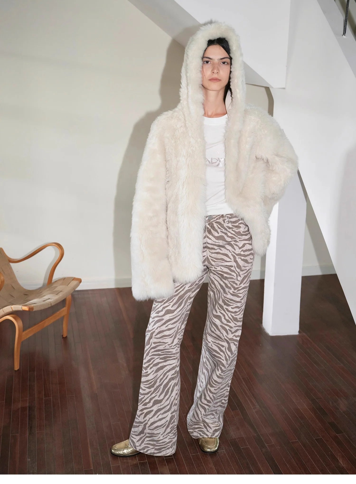 "Winter Snow" Lazy Silhouette Hooded Tuscan Curly Sheepskin Fur Coat Winter