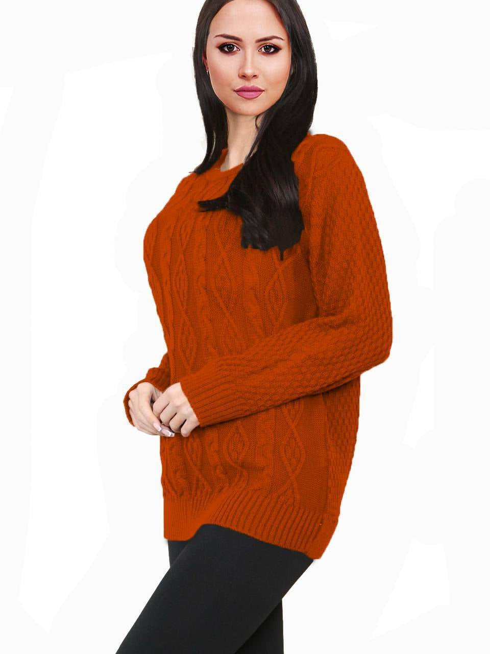 Women Long Sleeve Chunky Cable Knitted Crew Neck Winter Sweater Jumper Top