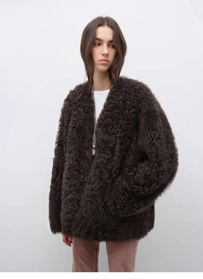 "Castle Dusk" V-Neck Italian Imported Tuscan Curly Wool Sheepskin Fur Coat Winter