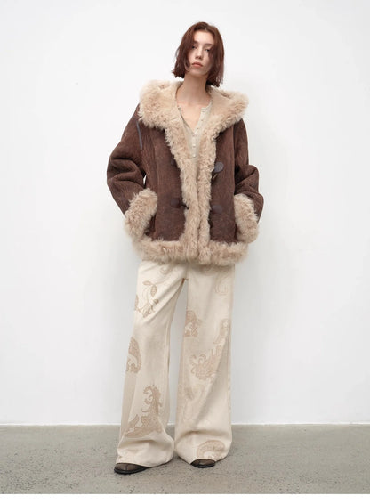 "Modern Weekend" Drop Shoulder Hooded Merino Wool Sheepskin Fur Coat Winter
