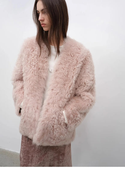 "Castle Dusk" V-Neck Italian Imported Tuscan Curly Wool Sheepskin Fur Coat Winter