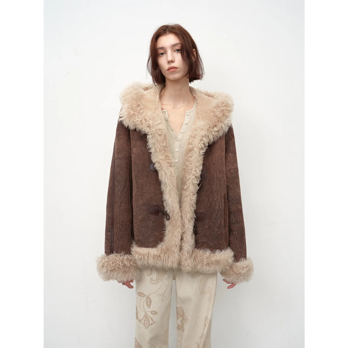 "Modern Weekend" Drop Shoulder Hooded Merino Wool Sheepskin Fur Coat Winter