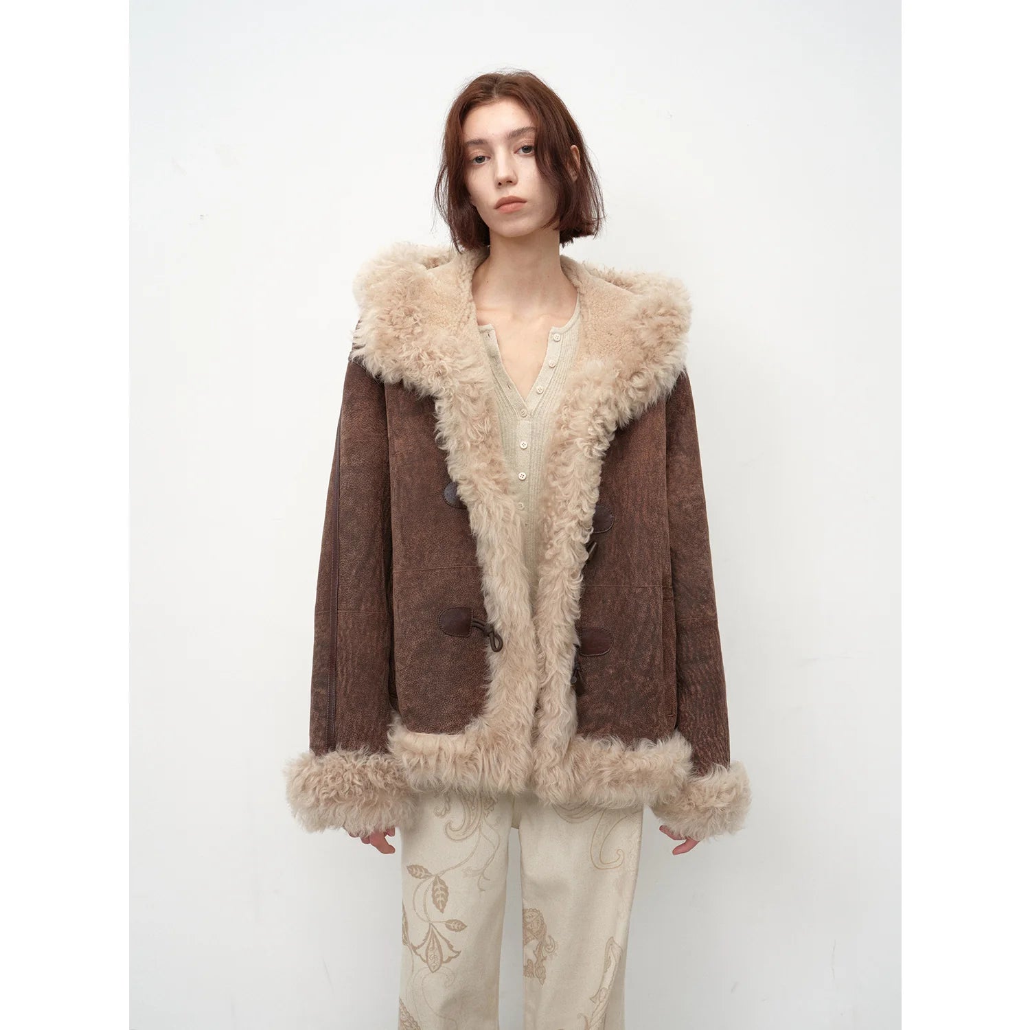 "Modern Weekend" Drop Shoulder Hooded Merino Wool Sheepskin Fur Coat Winter
