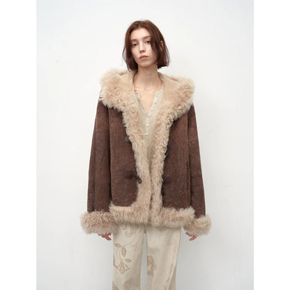 "Modern Weekend" Drop Shoulder Hooded Merino Wool Sheepskin Fur Coat Winter