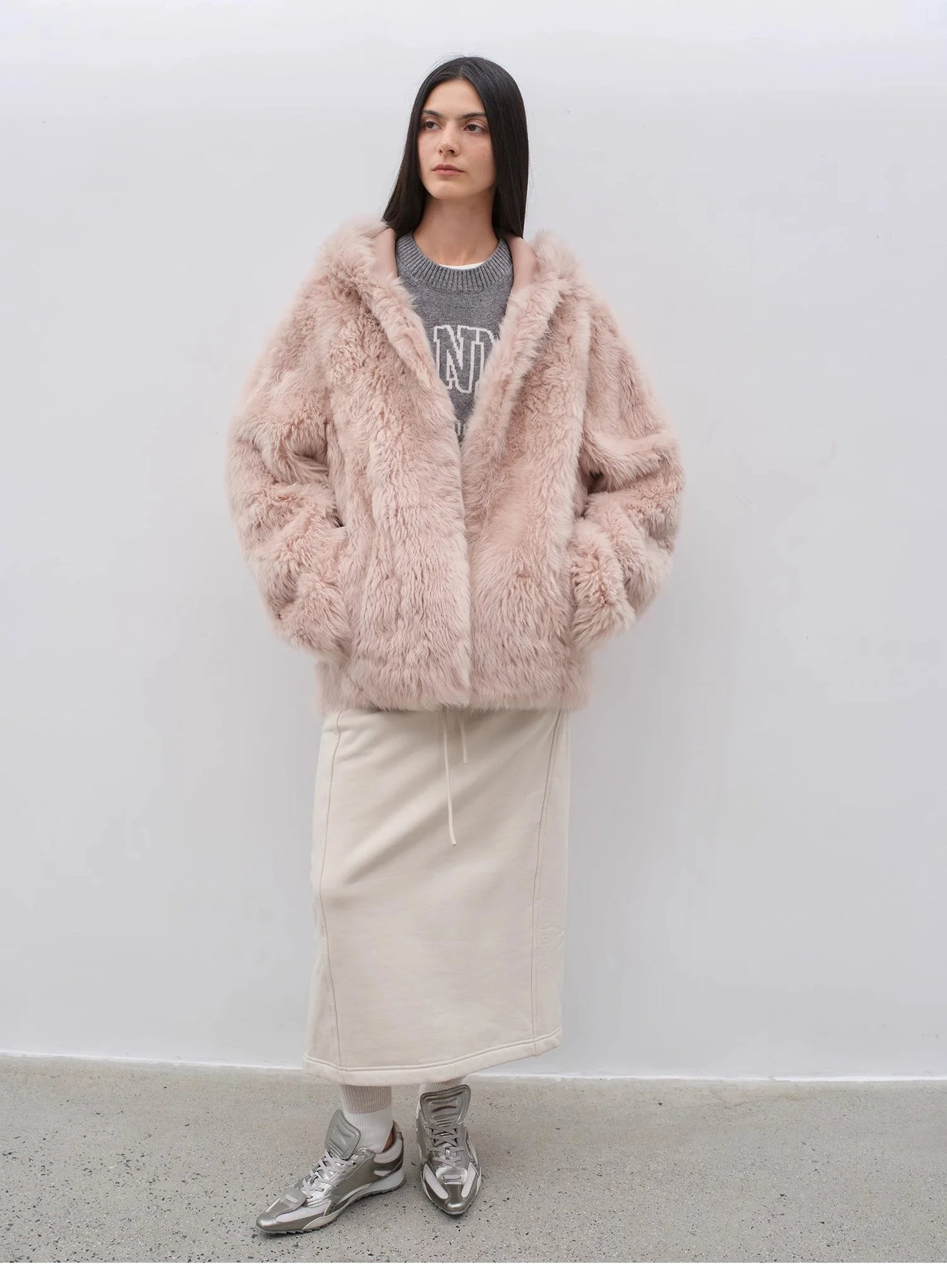 "Winter Snow" Lazy Silhouette Hooded Tuscan Curly Sheepskin Fur Coat Winter