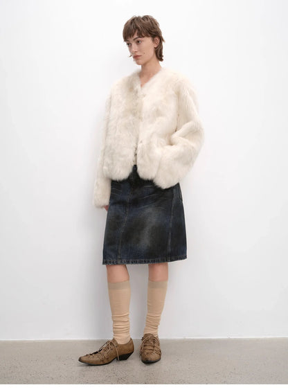 "Darcy Manor" Imported Tuscan Straight Wool Sheepskin Sweetheart Collar Short Fur Coat