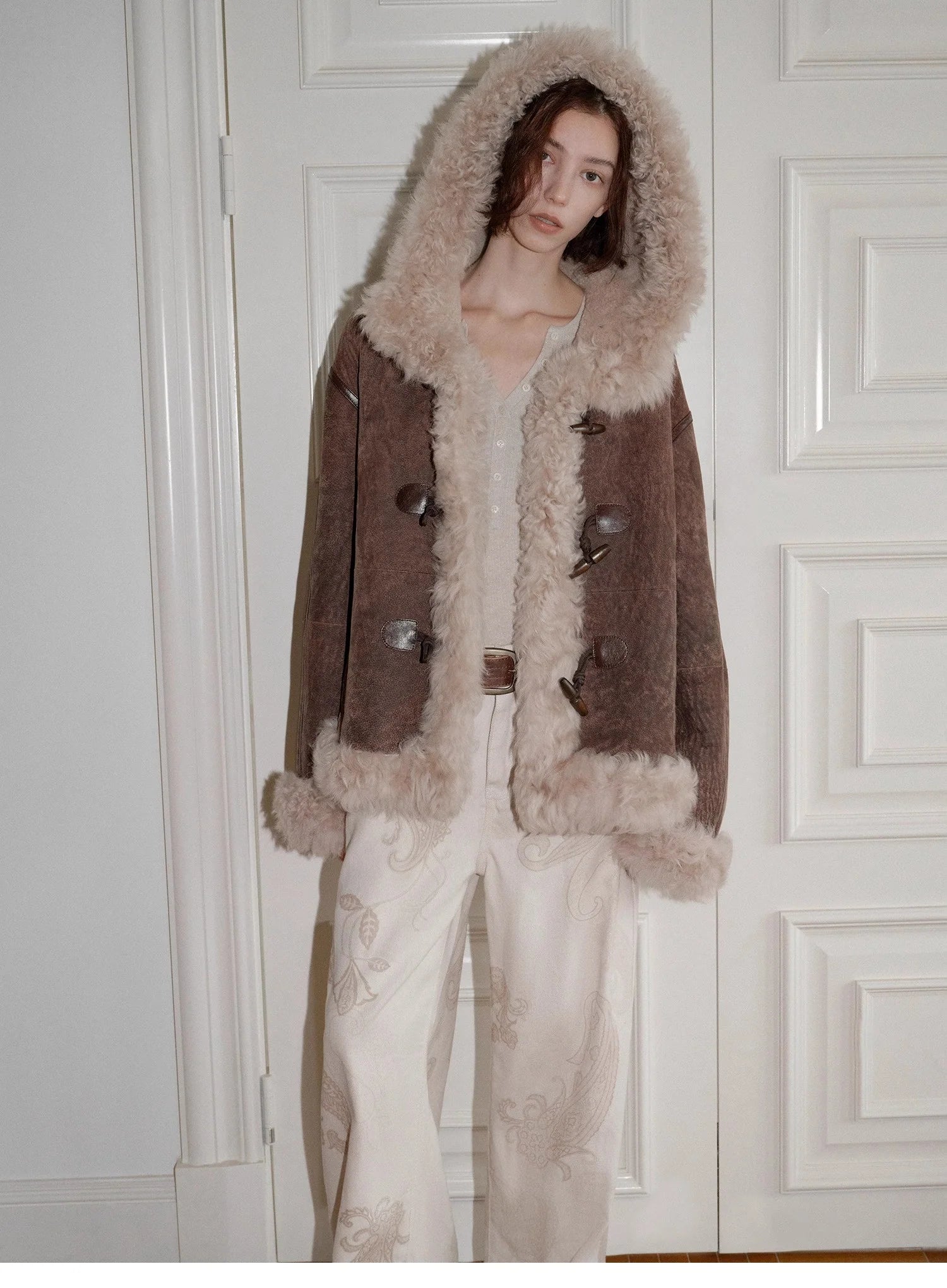 "Modern Weekend" Drop Shoulder Hooded Merino Wool Sheepskin Fur Coat Winter