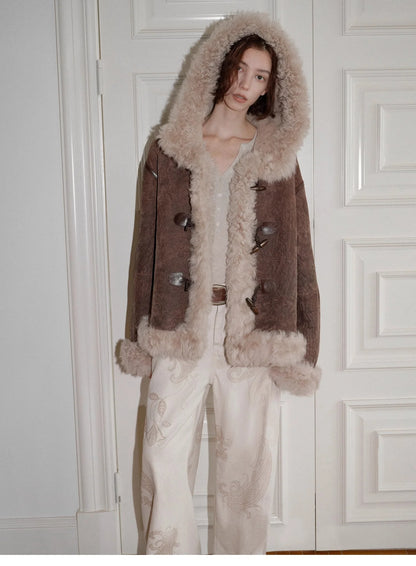 "Modern Weekend" Drop Shoulder Hooded Merino Wool Sheepskin Fur Coat Winter