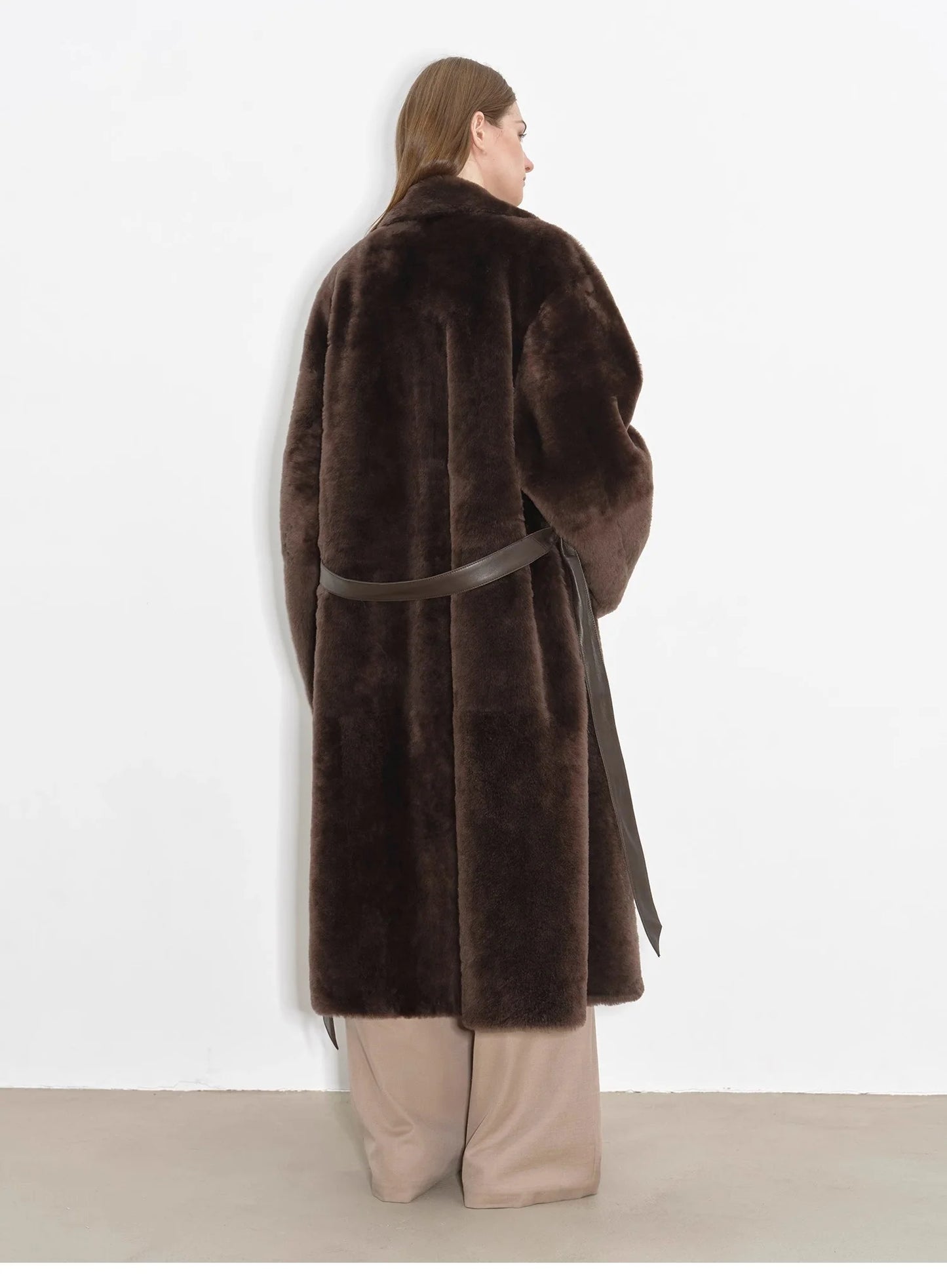 "Mocha Phantom" Merino Wool Dropped Shoulder Long Asymmetric Placket Sheepskin Coat