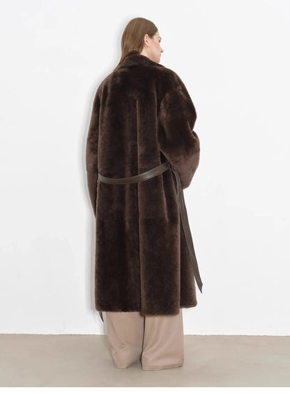 "Mocha Phantom" Merino Wool Dropped Shoulder Long Asymmetric Placket Sheepskin Coat