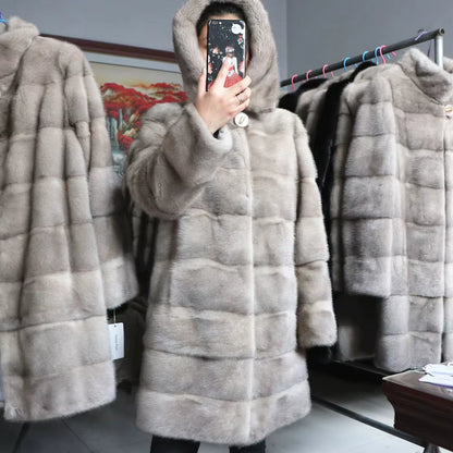 Real Mink Fur Coats Hooded New Mink Velvet Luxury Natural Women Winter Thick Loose Warm Outwear Plush Jacket Female