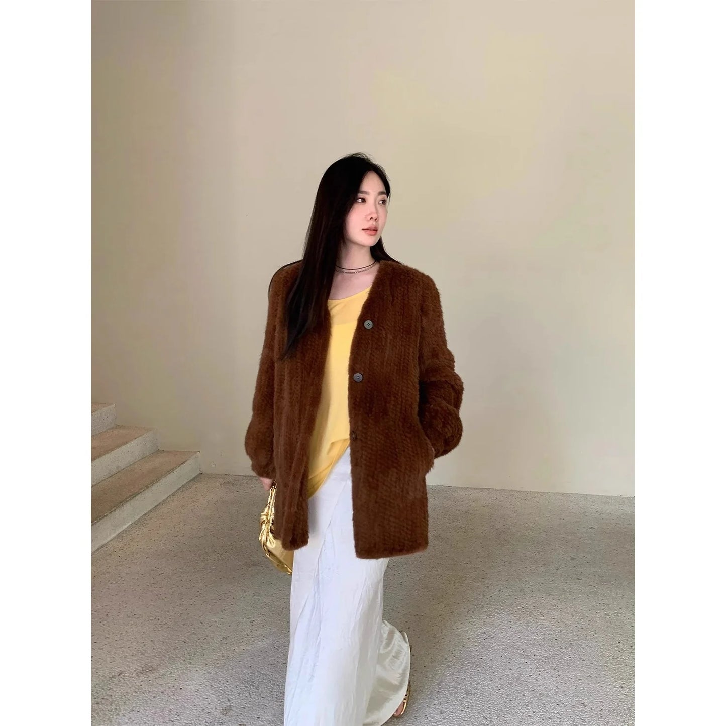 "Moon Serenade" High-Luxury Imported Velvet Mink Woven Fur Coat Mid-Length Mink Coat (Handmade)