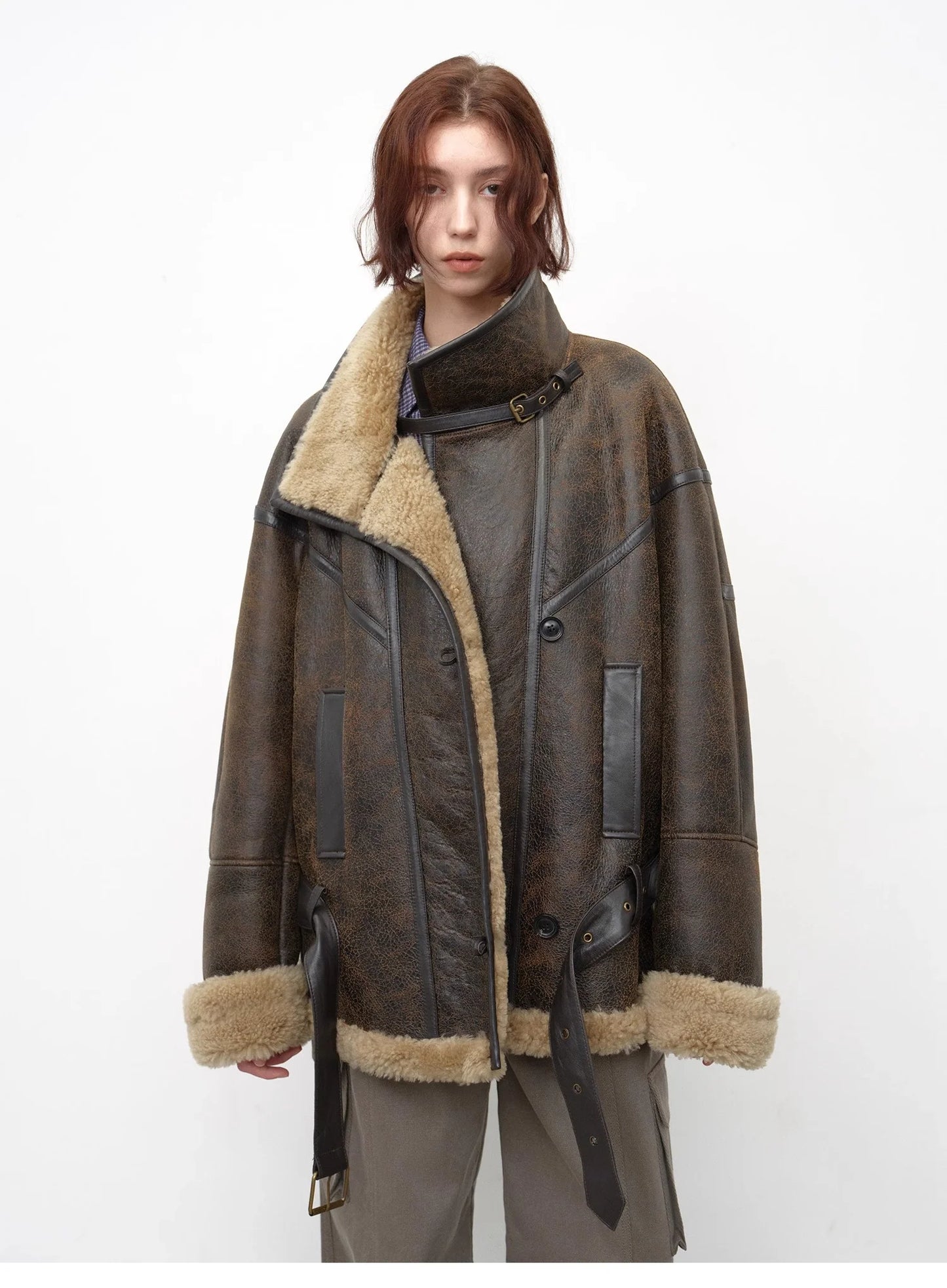 "London Street"Motorcycle Style Lapel Imported Merino Fur One-Piece Fur Jacket Winter