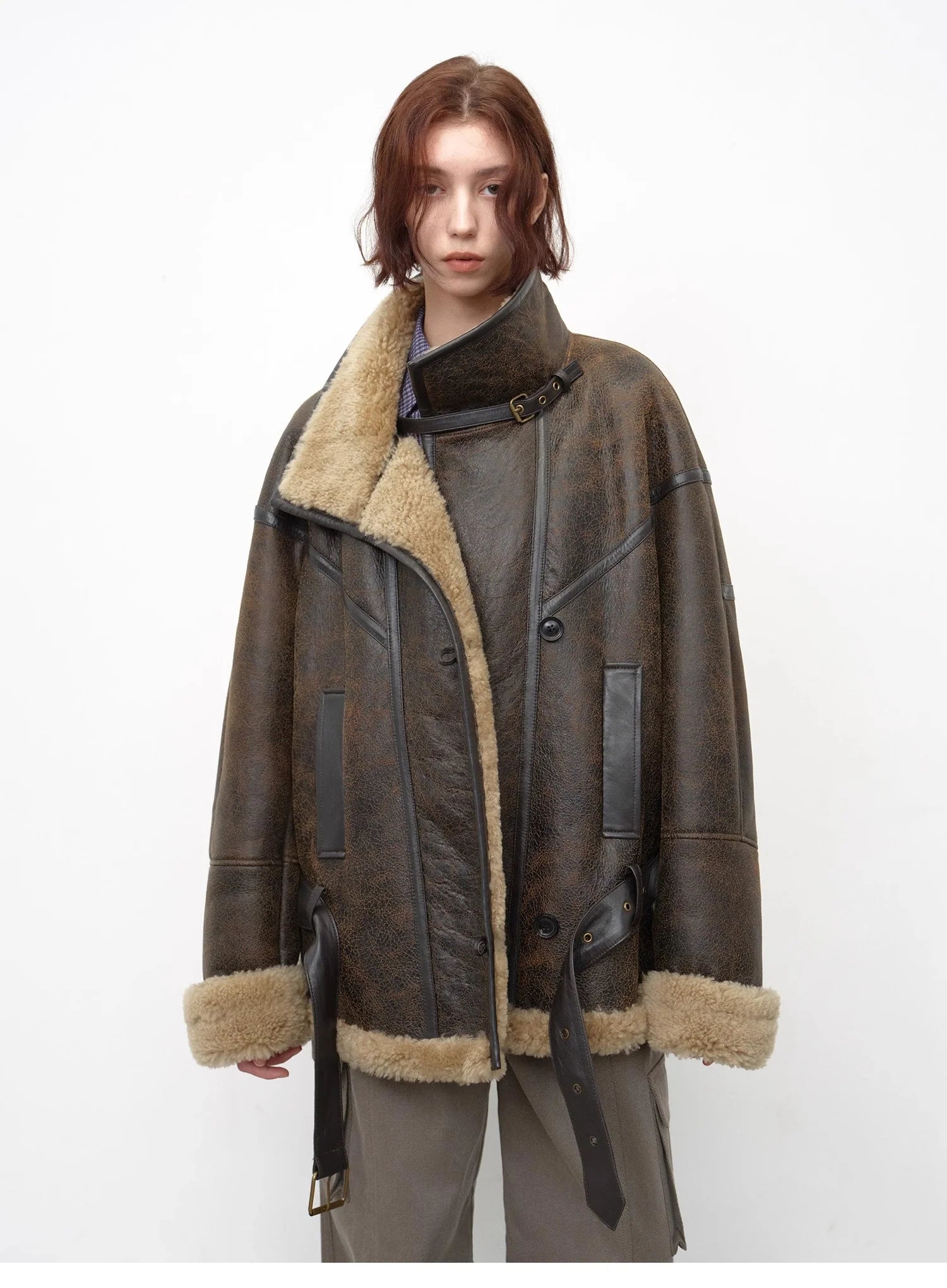 "London Street"Motorcycle Style Lapel Imported Merino Fur One-Piece Fur Jacket Winter