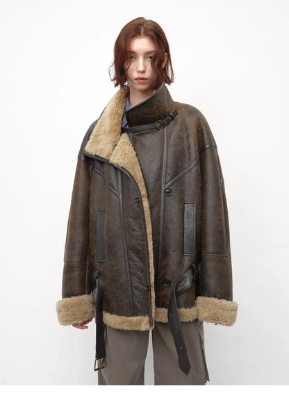 "London Street"Motorcycle Style Lapel Imported Merino Fur One-Piece Fur Jacket Winter