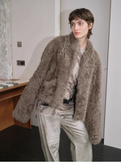 "Autumn Basel" Imported Tuscan Sheepskin Half-Roll Short Casual Fur Coat