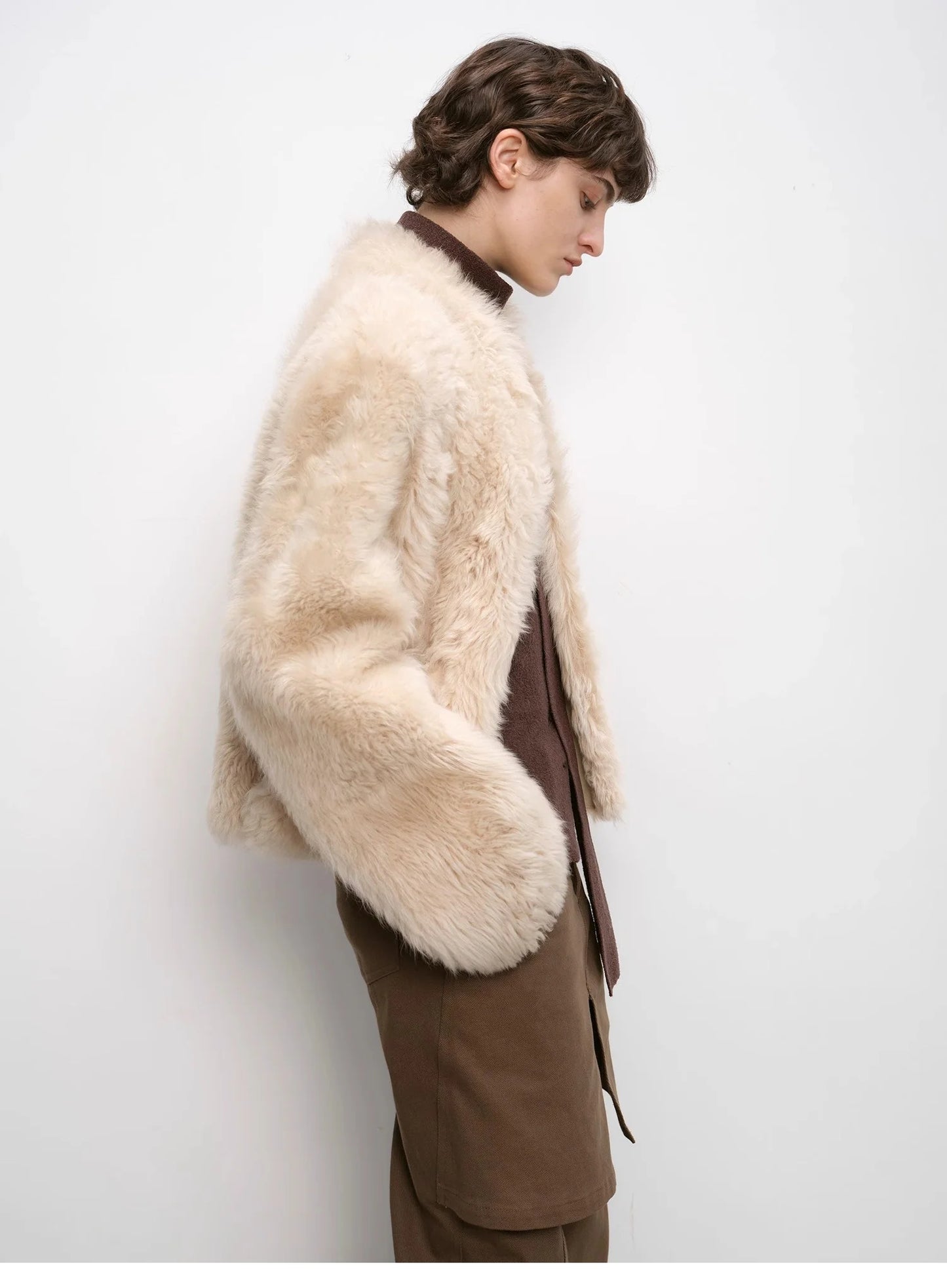 "Autumn Basel" Imported Tuscan Sheepskin Half-Roll Short Casual Fur Coat