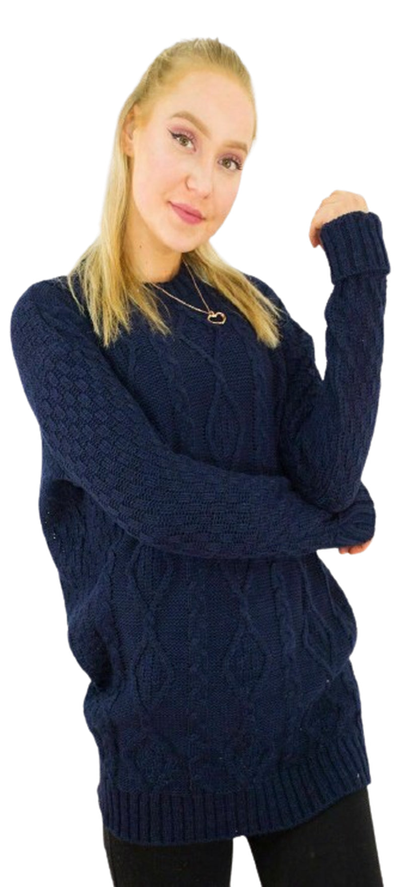 Women Long Sleeve Chunky Cable Knitted Crew Neck Winter Sweater Jumper Top