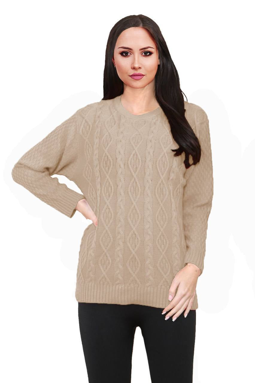 Women Long Sleeve Chunky Cable Knitted Crew Neck Winter Sweater Jumper Top