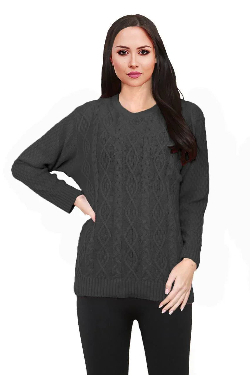 Women Long Sleeve Chunky Cable Knitted Crew Neck Winter Sweater Jumper Top