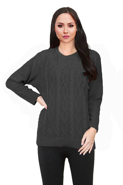 Women Long Sleeve Chunky Cable Knitted Crew Neck Winter Sweater Jumper Top
