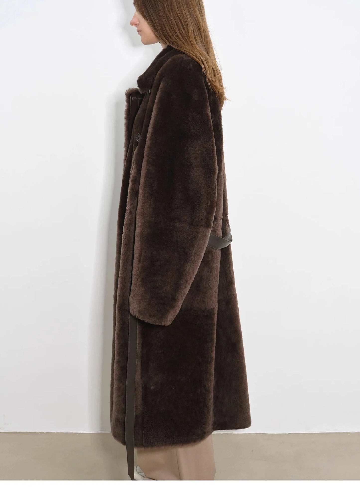 "Mocha Phantom" Merino Wool Dropped Shoulder Long Asymmetric Placket Sheepskin Coat