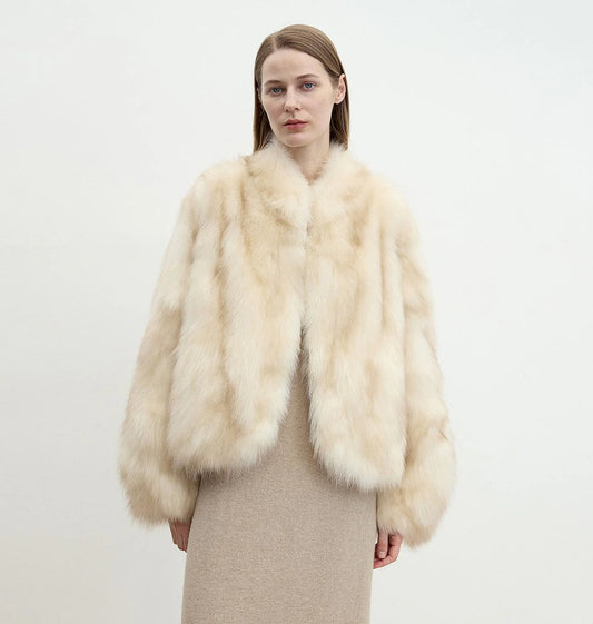 "Monet'S Garden" Imported High-Quality Fox Fur V-Neck Spray-Colored Jacket