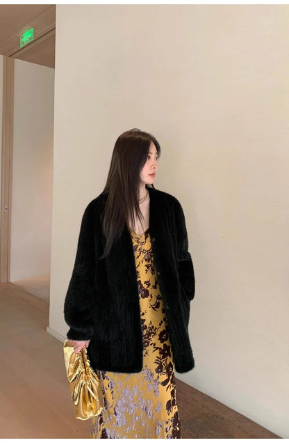 "Moon Serenade" High-Luxury Imported Velvet Mink Woven Fur Coat Mid-Length Mink Coat (Handmade)