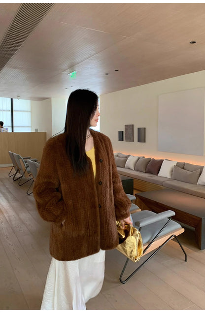 "Moon Serenade" High-Luxury Imported Velvet Mink Woven Fur Coat Mid-Length Mink Coat (Handmade)