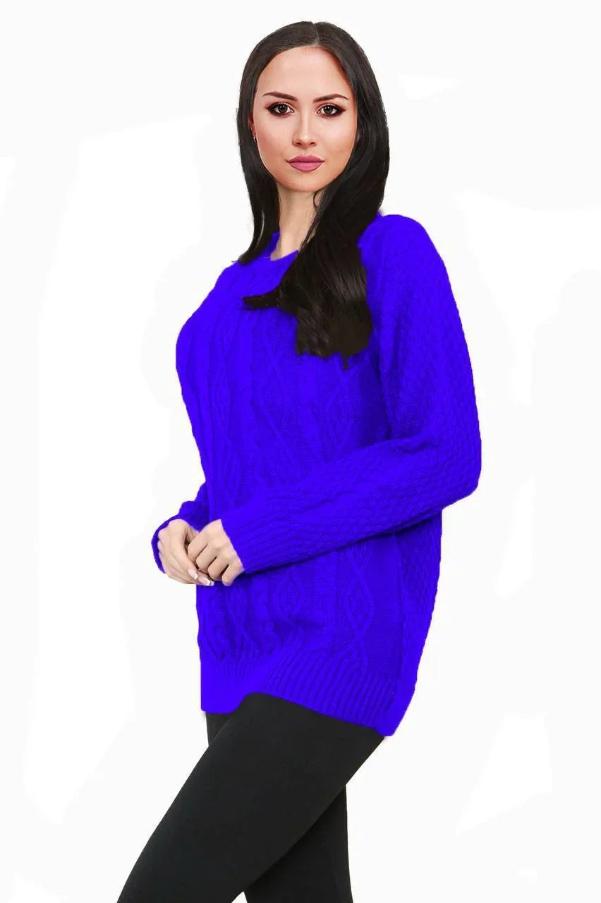 Women Long Sleeve Chunky Cable Knitted Crew Neck Winter Sweater Jumper Top