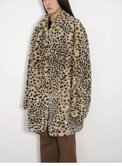 "Leopard Print Sniper" Imported Merino Sheepskin Fashionable Off-Shoulder Slim Mid-Length Fur Coat