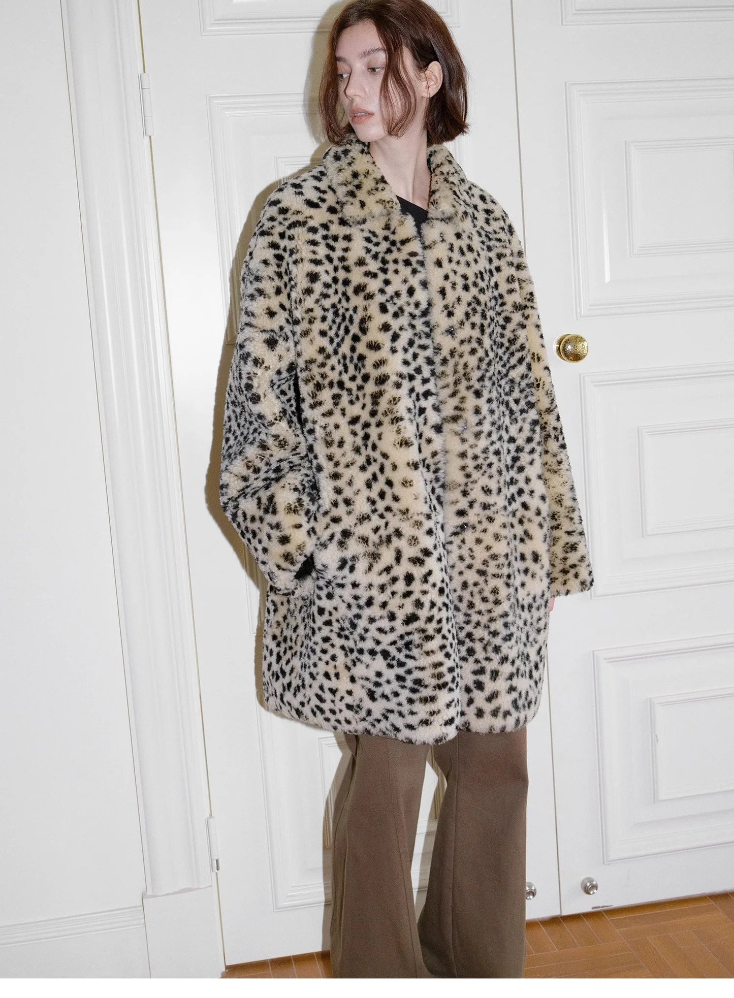 "Leopard Print Sniper" Imported Merino Sheepskin Fashionable Off-Shoulder Slim Mid-Length Fur Coat