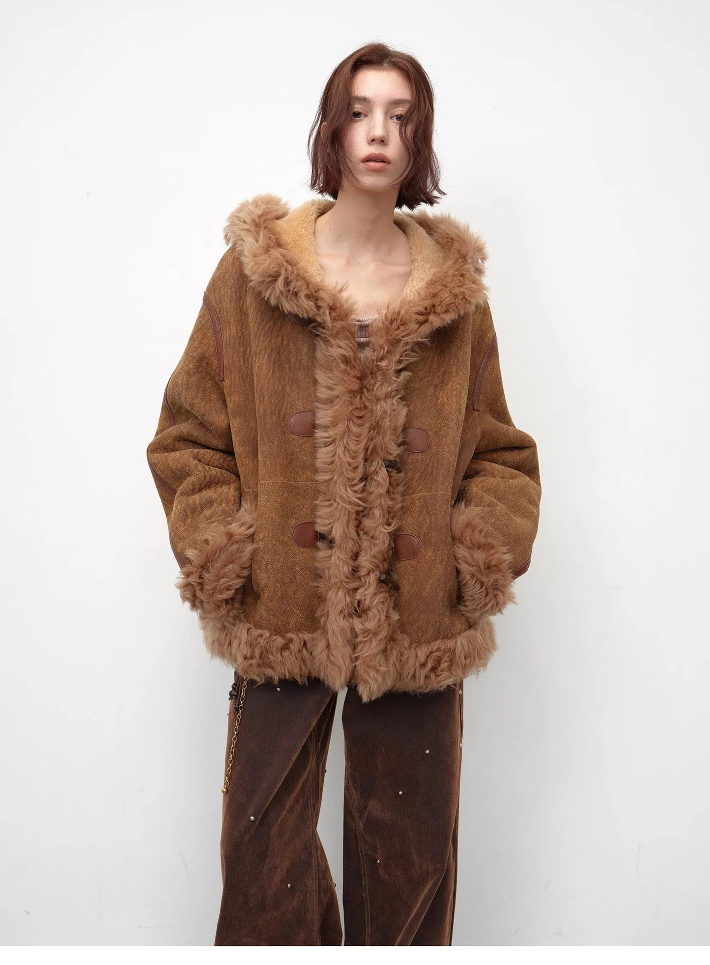 "Modern Weekend" Drop Shoulder Hooded Merino Wool Sheepskin Fur Coat Winter
