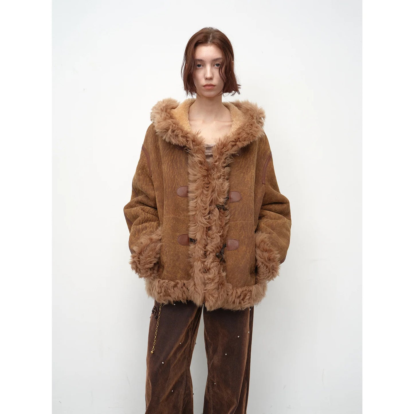 "Modern Weekend" Drop Shoulder Hooded Merino Wool Sheepskin Fur Coat Winter