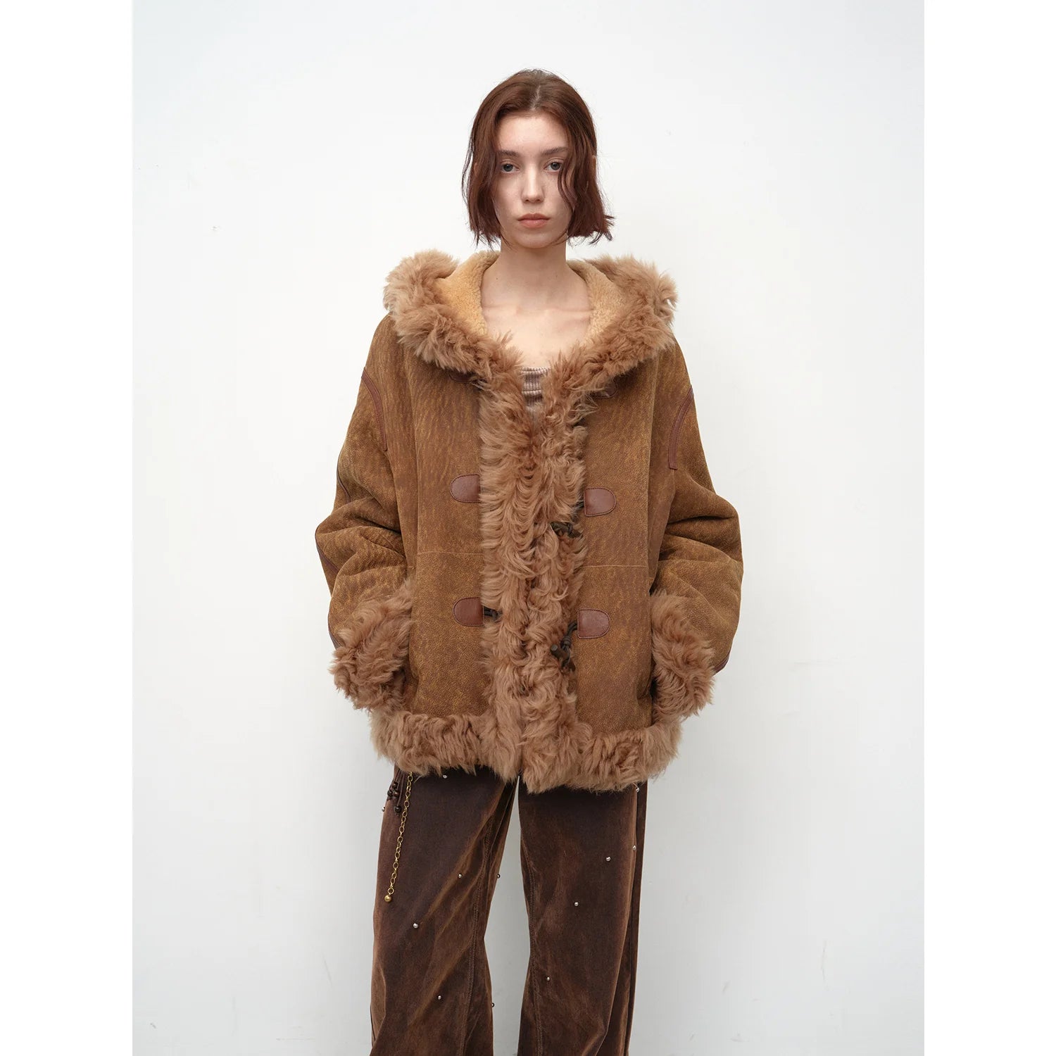 "Modern Weekend" Drop Shoulder Hooded Merino Wool Sheepskin Fur Coat Winter