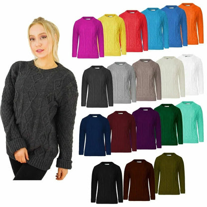 Women Long Sleeve Chunky Cable Knitted Crew Neck Winter Sweater Jumper Top