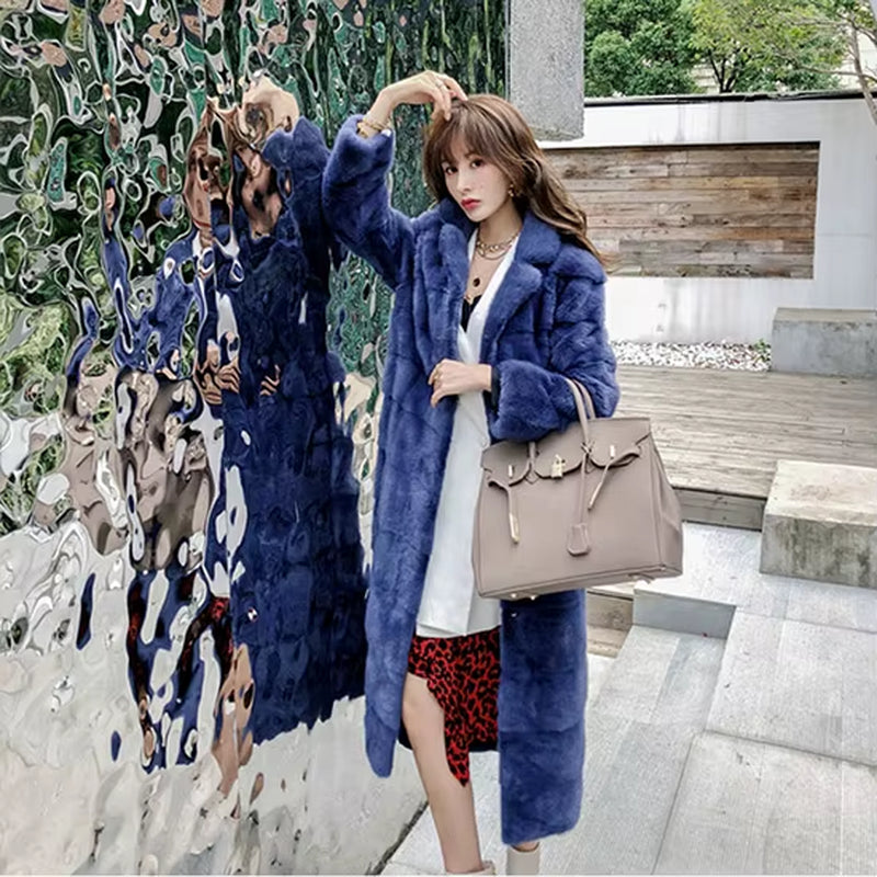 2025 Real Whole Mink Fur X-Long Coat Factory Direct Sale Winter Slim Warm Female Mink Fur Long Turn-Down Collar Jacket