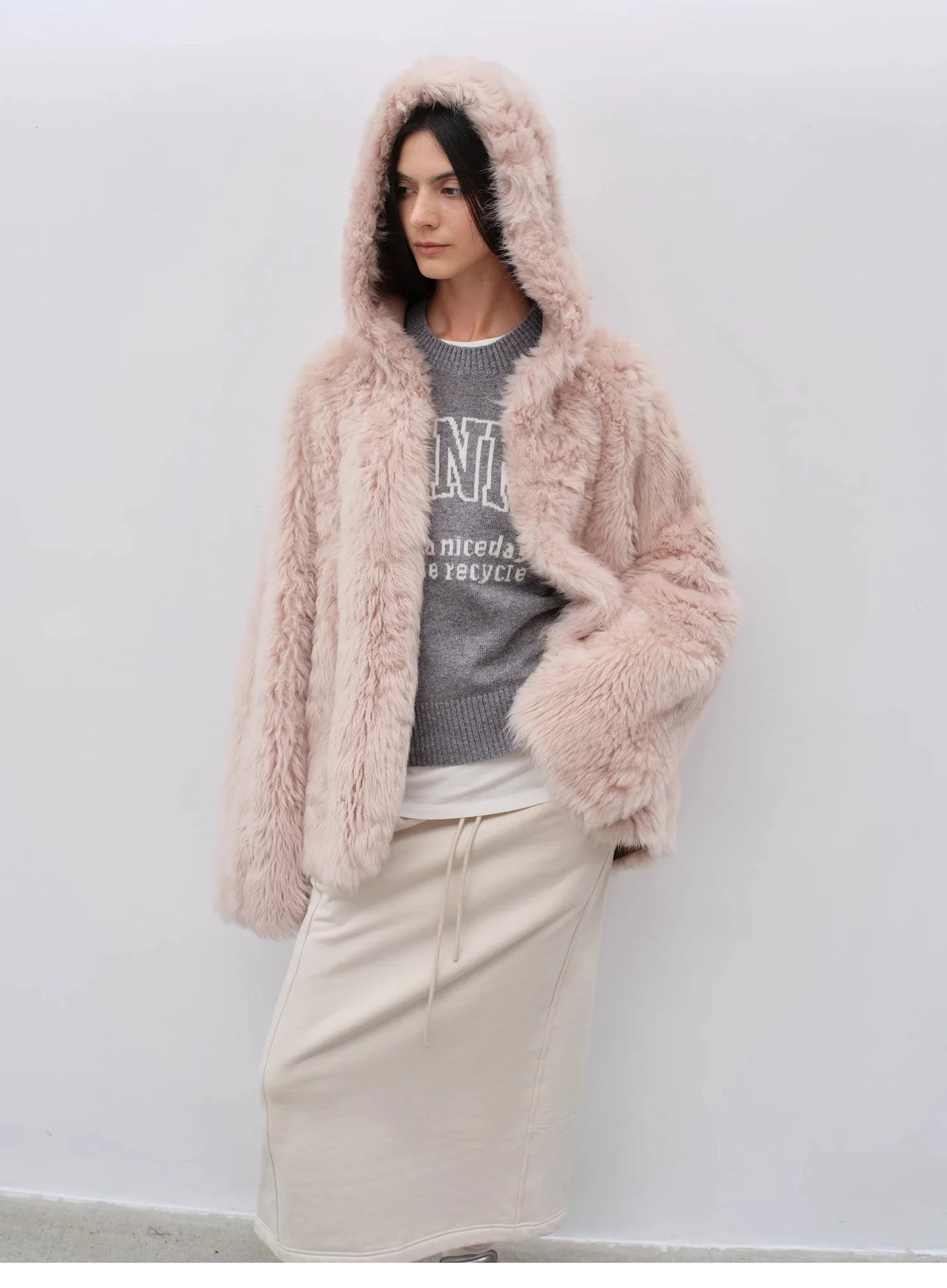 "Winter Snow" Lazy Silhouette Hooded Tuscan Curly Sheepskin Fur Coat Winter