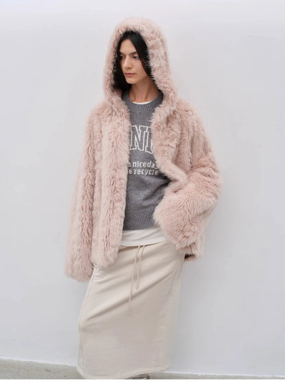 "Winter Snow" Lazy Silhouette Hooded Tuscan Curly Sheepskin Fur Coat Winter