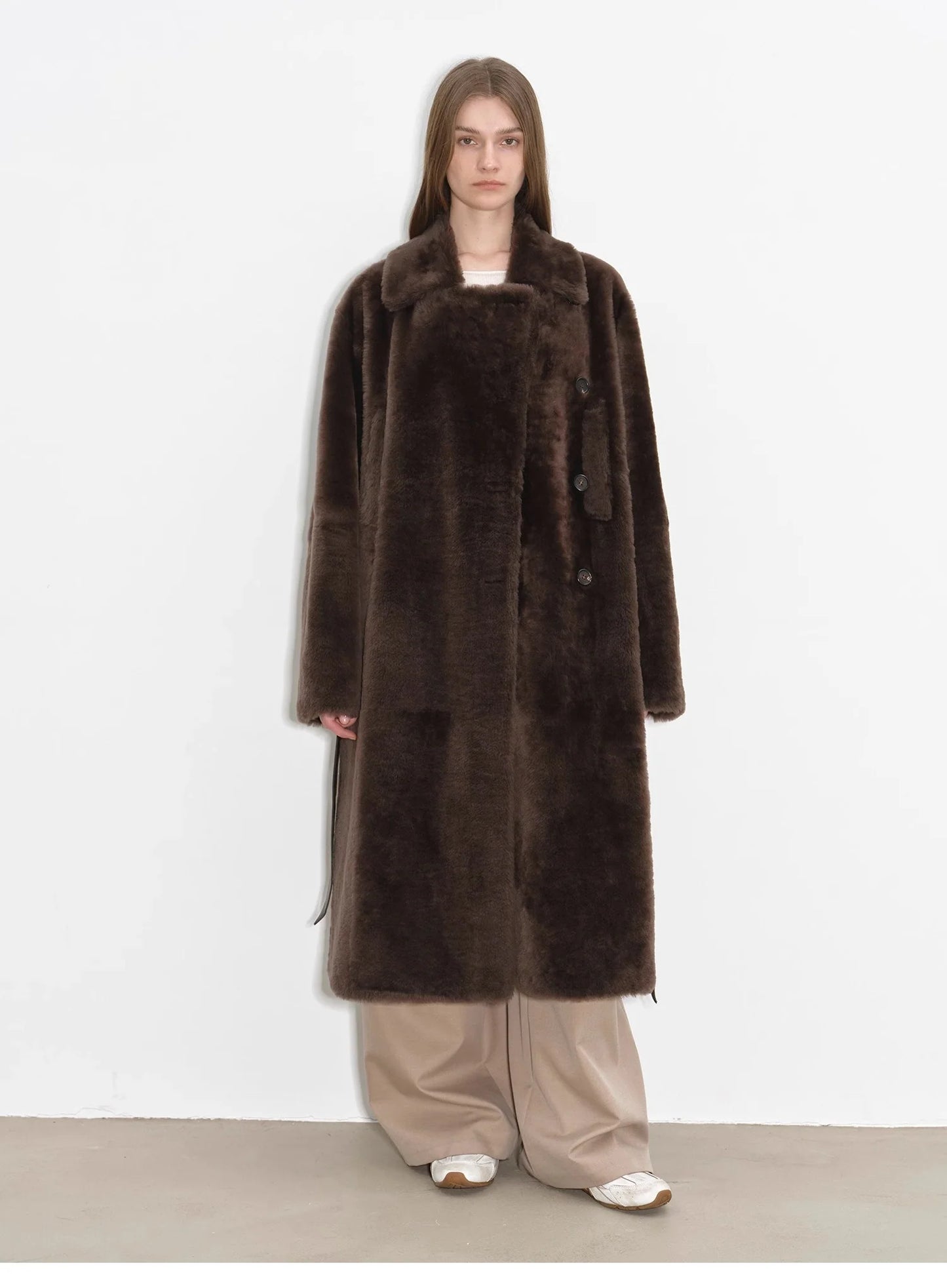 "Mocha Phantom" Merino Wool Dropped Shoulder Long Asymmetric Placket Sheepskin Coat