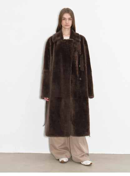"Mocha Phantom" Merino Wool Dropped Shoulder Long Asymmetric Placket Sheepskin Coat