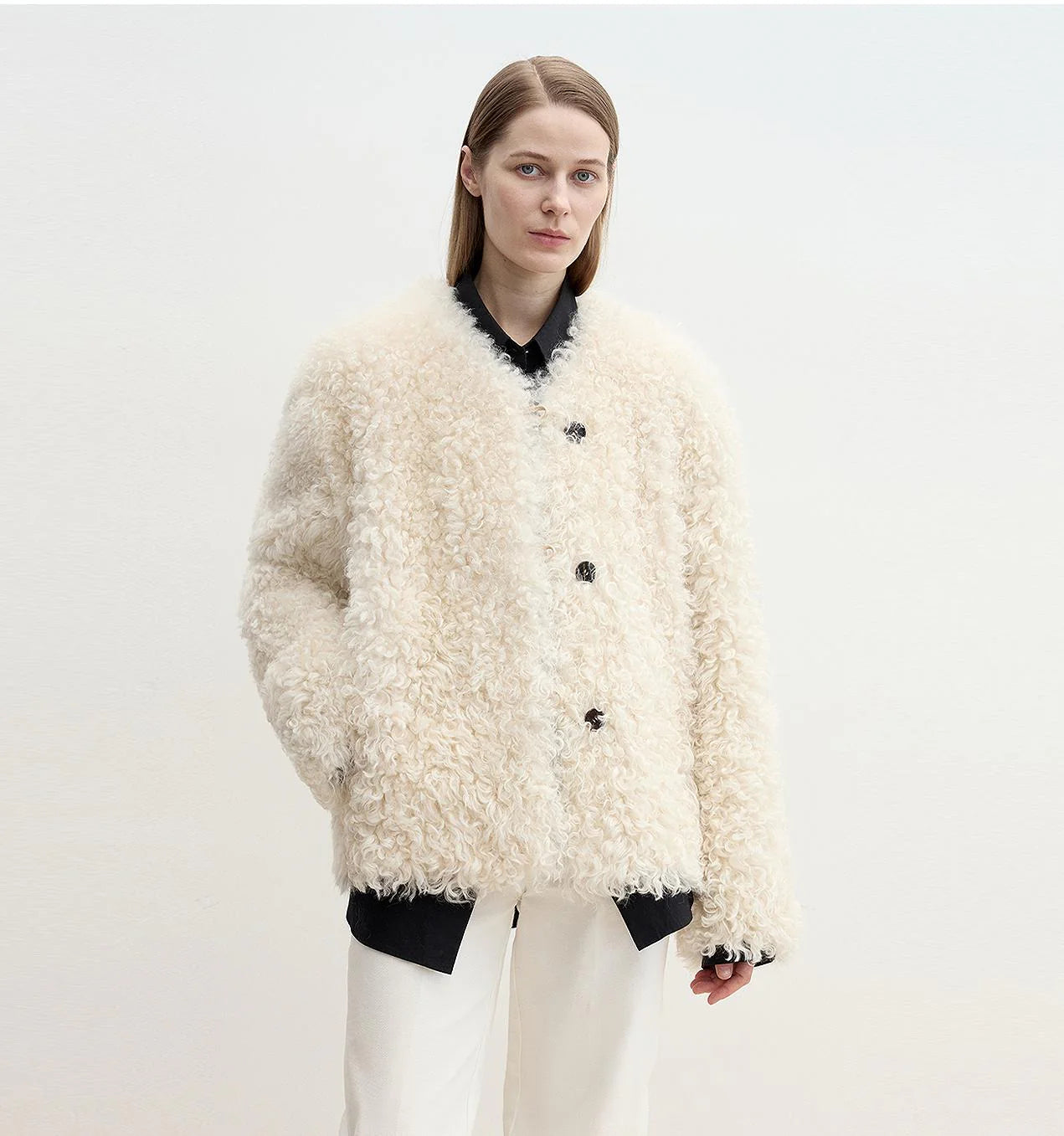 "Ghost Horse Girl" Merino Curly Sweetheart Collar Straight Fur Coat