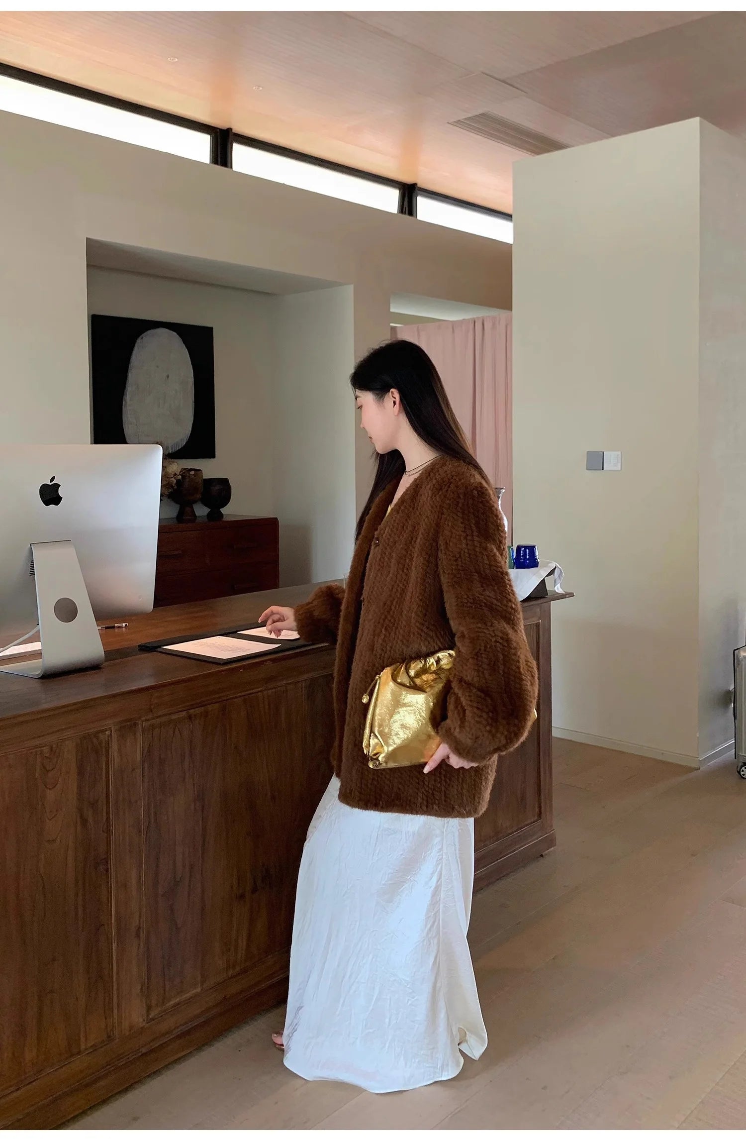 "Moon Serenade" High-Luxury Imported Velvet Mink Woven Fur Coat Mid-Length Mink Coat (Handmade)