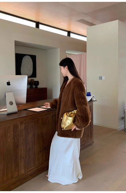 "Moon Serenade" High-Luxury Imported Velvet Mink Woven Fur Coat Mid-Length Mink Coat (Handmade)