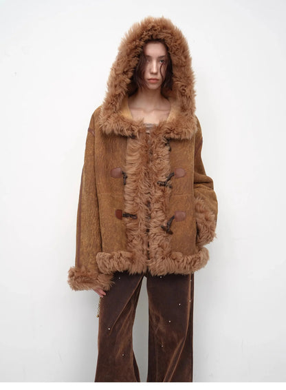 "Modern Weekend" Drop Shoulder Hooded Merino Wool Sheepskin Fur Coat Winter