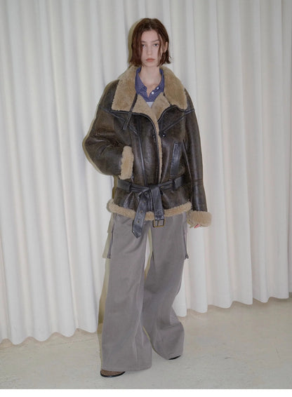 "London Street"Motorcycle Style Lapel Imported Merino Fur One-Piece Fur Jacket Winter