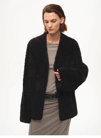 "Paris Night" Luxury Lightweight V-Neck Mid-Length Imported Ragone Sheepskin Fur Coat