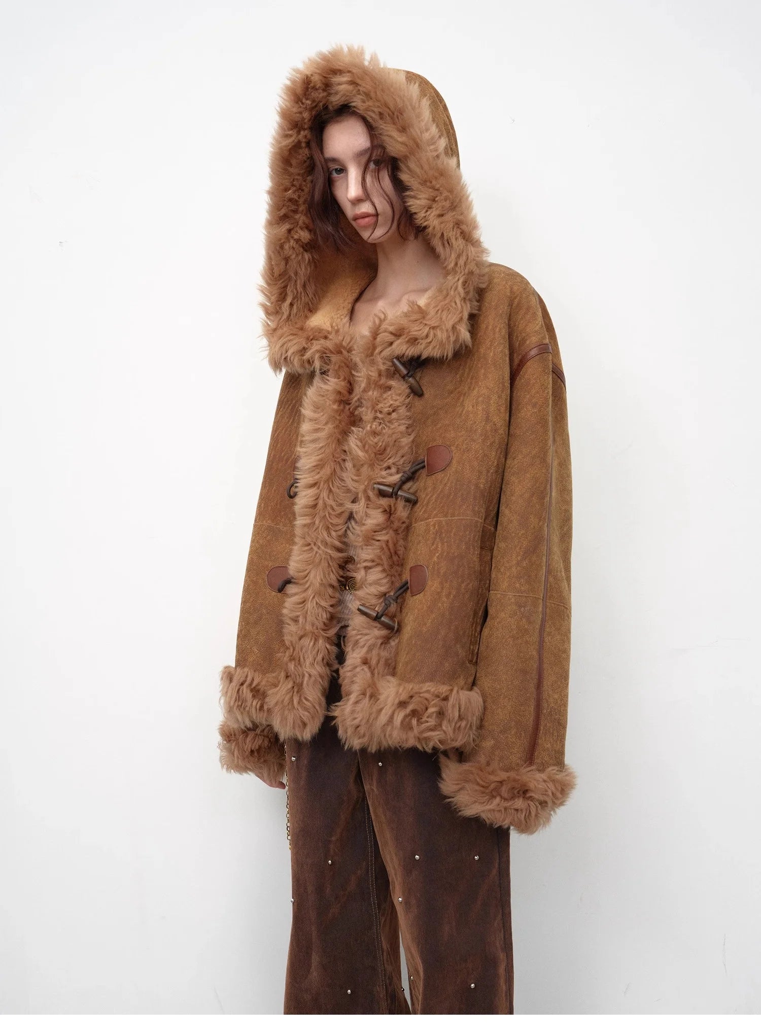 "Modern Weekend" Drop Shoulder Hooded Merino Wool Sheepskin Fur Coat Winter