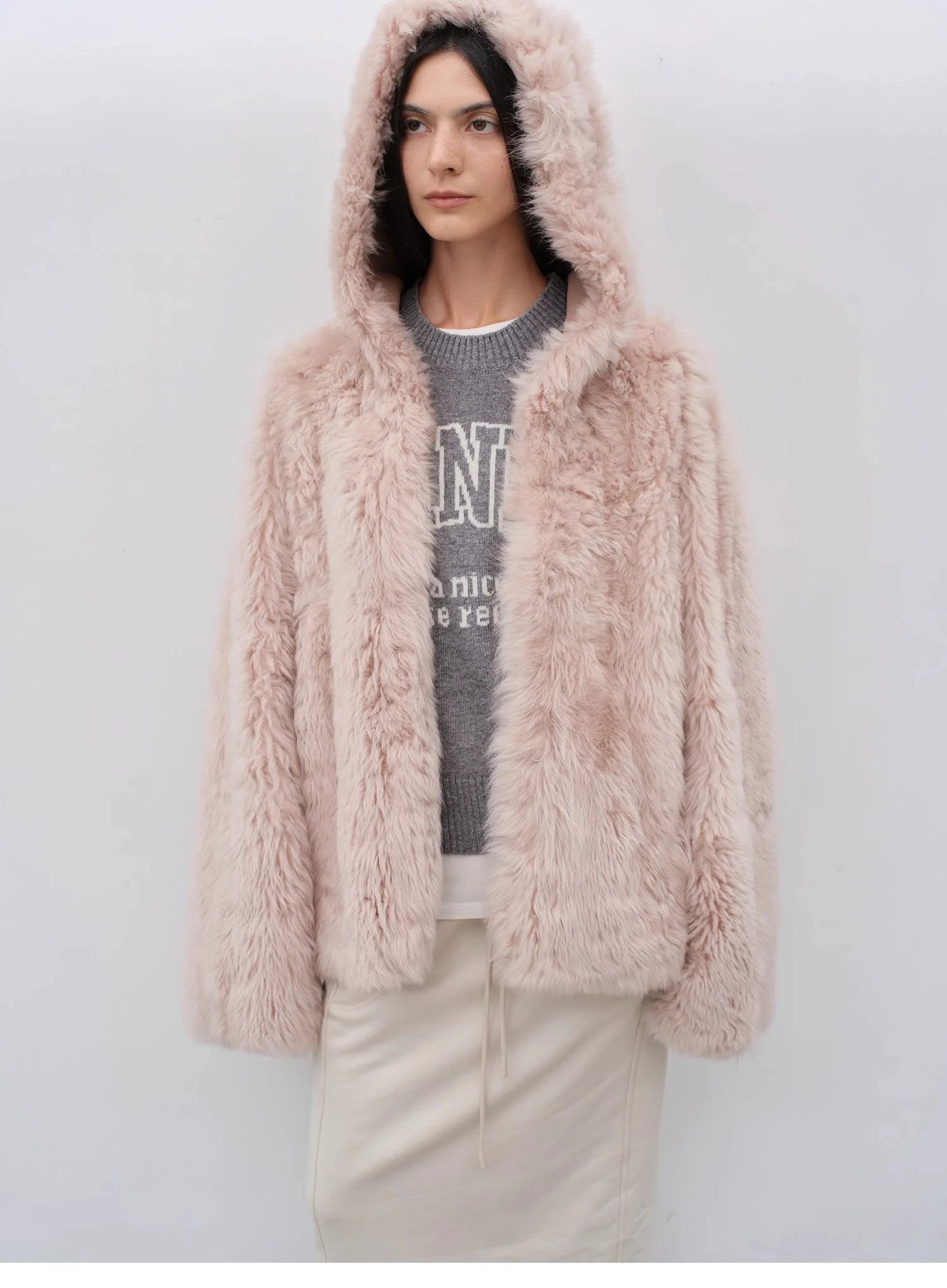 "Winter Snow" Lazy Silhouette Hooded Tuscan Curly Sheepskin Fur Coat Winter